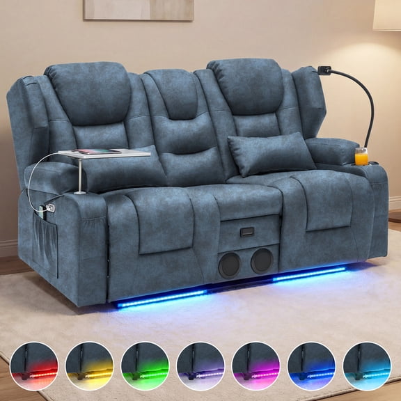 Electric Power Reclining Loveseat Sofa, 4-Point Vibration Massage & Lumbar Heating, Adjustable 90°-150° Recline, RGB LED Light Strip, Side Storage Pockets and Speaker, Leathaire Farbic, Blue