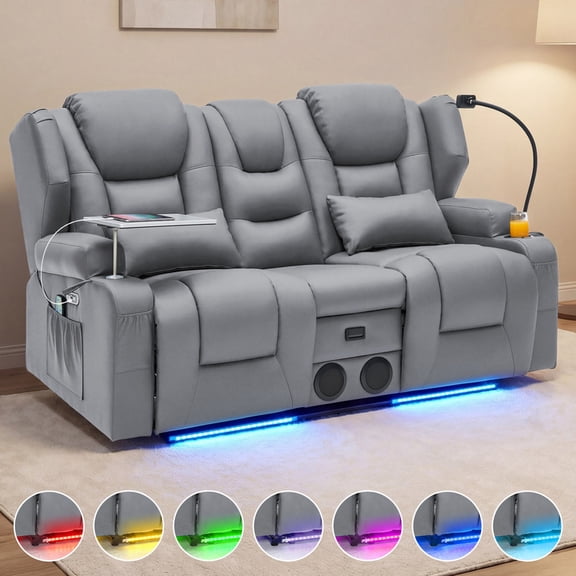 Electric Power Reclining Loveseat Sofa, 4-Point Vibration Massage & Lumbar Heating, Adjustable 90°-150° Recline, RGB LED Light Strip, Side Storage Pockets and Speaker, Pu Leather, Gray