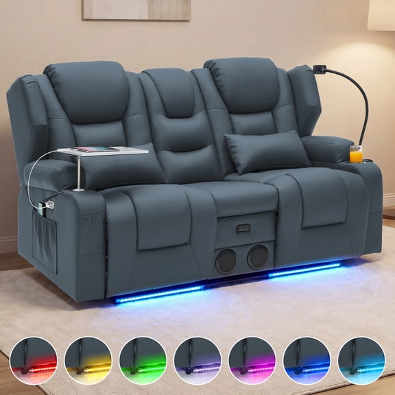 Electric Power Reclining Loveseat Sofa, 4-Point Vibration Massage & Lumbar Heating, Adjustable 90°-150° Recline, RGB LED Light Strip, Side Storage Pockets and Speaker, Pu Leather, Blue