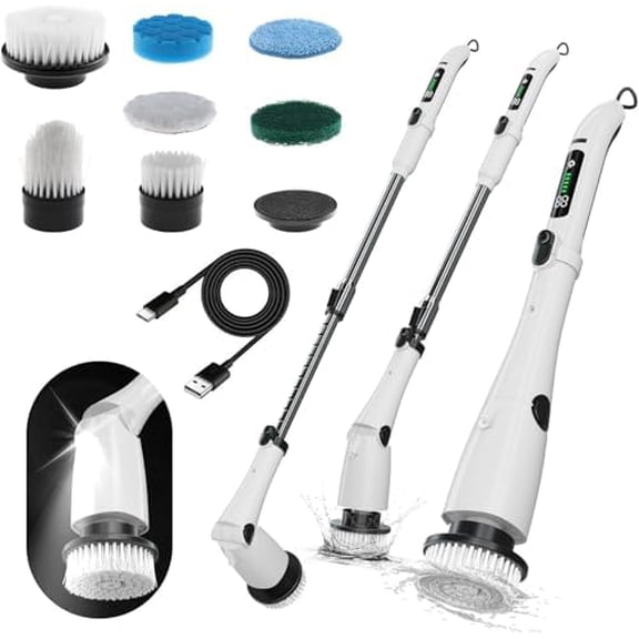 Electric Power Spin Scrubber - Cordless Cleaning Brush with 7 Replaceable Brush Heads - 3 Speed with Flashlight - Adjustable and Extendable for Cleaning Tile Grout Bathtub Window Kitchen Floor