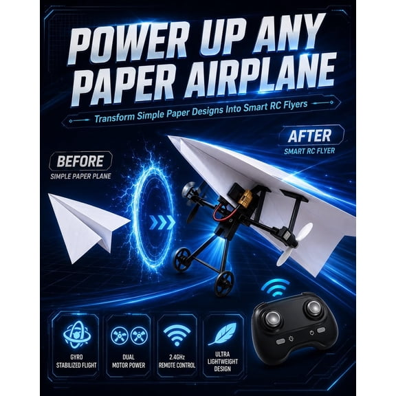Electric Powered RC Paper Airplane Kit – Dual Propeller Motor with Gyro Stabilizer – Transform Folded Paper into Flying Remote Control Plane – Outdoor Stem Toy (1 Battery)