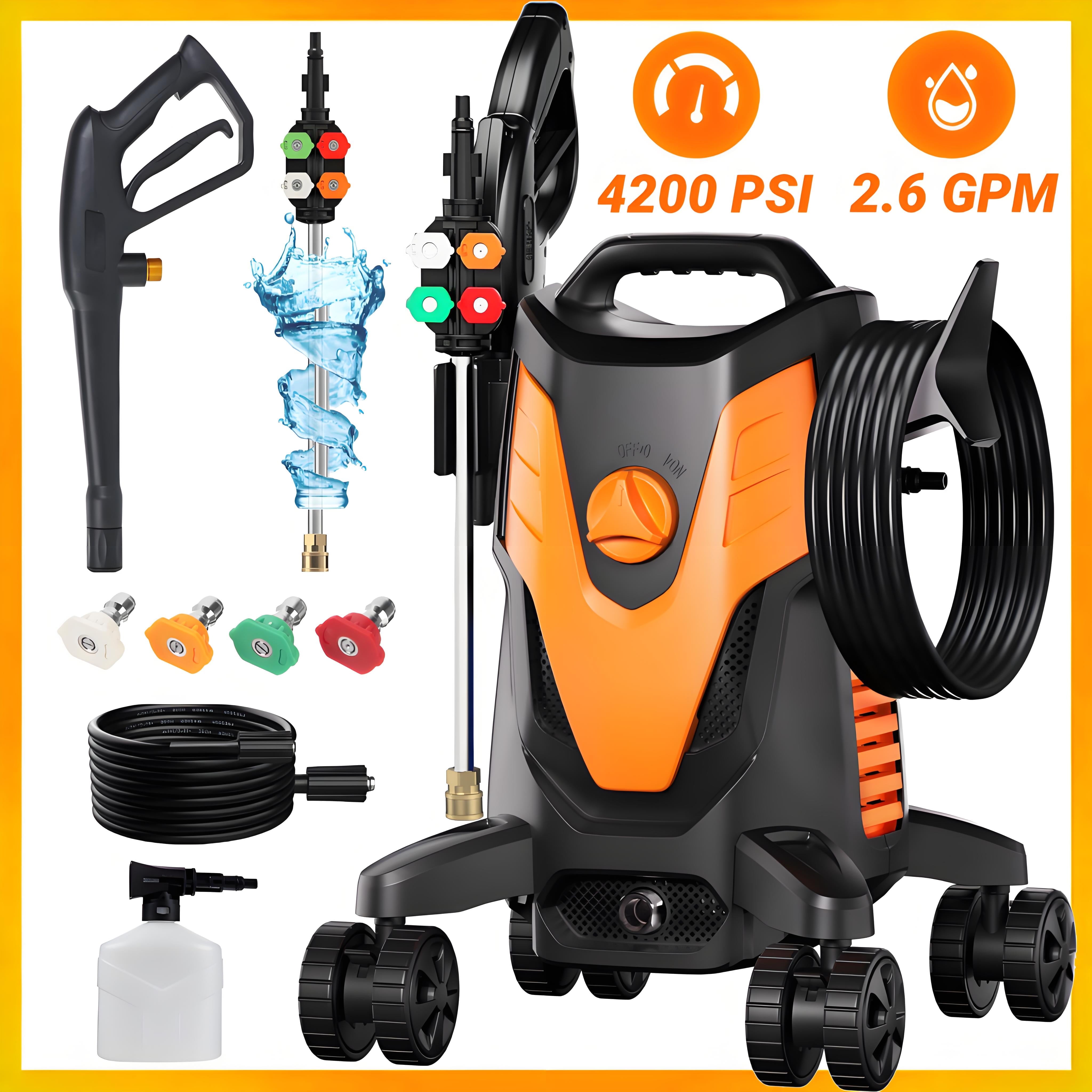 Electric Pressure Washer,GOCHIFIX 4200 PSI High Pressure Washer with 4 Nozzle Tips,Foam Cannon,35 FT Hose and 26FT Power Cord,4 Wheels Rolling 2.6 GPM Power Car Washer for Home Car Garden Patio