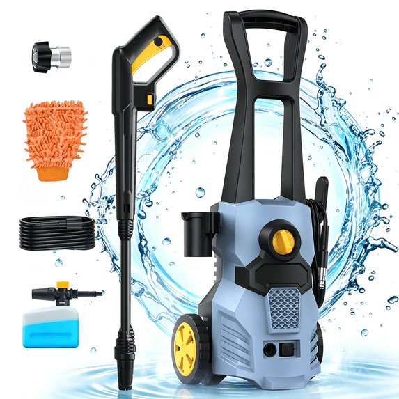Electric Pressure Washer, 4200PSI 2.6GPM Portable Power Washer with 3 Length Adjustable Spray Gun, 0-60° Multi-Angle Nozzle, Foam Tank, Rolling Wheels, for Car Driveway Patio Fence Home Cleaning