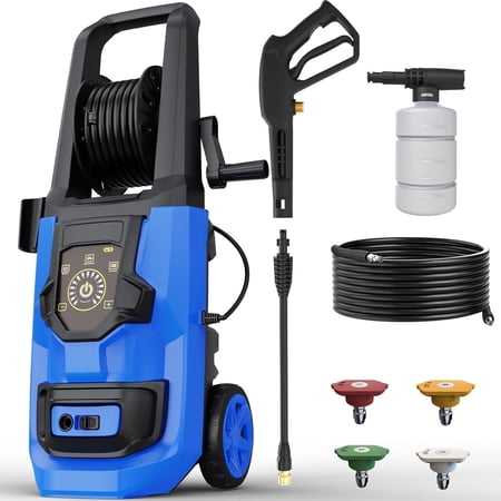 Electric Pressure Washer, 5000 PSI 3.2 GPM Adjustable Touch Screen, High Pressure Cleaning Machine with 35 FT Power Cord, 4 Nozzles, Hose Reel, Foam Cannon for Car/Patio/Garage