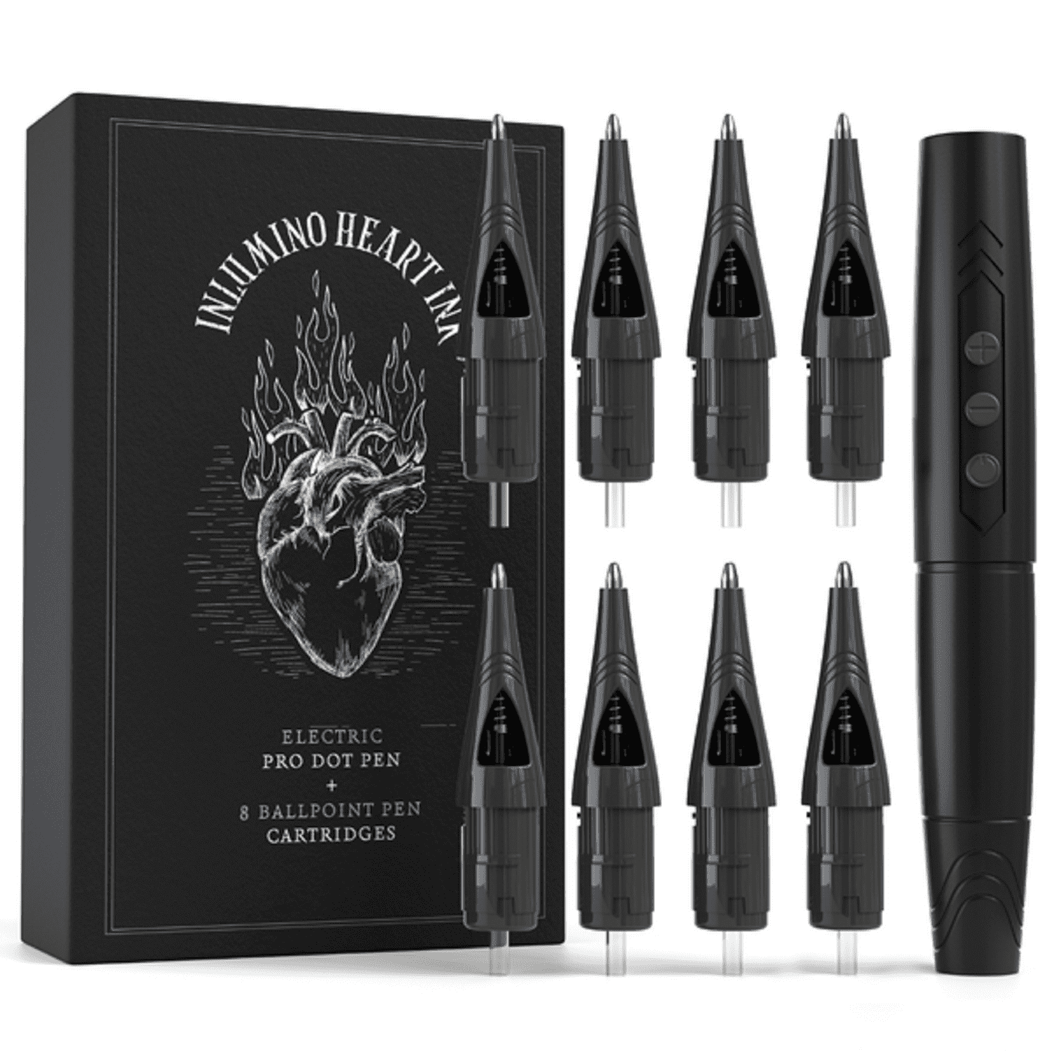 Inlumino Heart Ink Tattoo Practice Pen – Wireless Rotary Dot Pen Machine with 8 Black Ballpoint Cartridges – Tattoo Training Tool