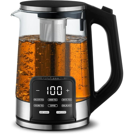 Electric Glass Kettle – 1.7L Programmable Tea & Coffee Brewer with Digital Touch Display, 6 Presets, Removable Stainless Steel Infuser, Cordless 360° Swivel Base, Black