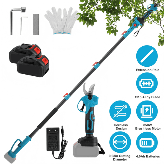 Electric Pruning Shear with Pole 850W Brushless Motor, 200min Runtime, 4.5-6.3ft Extendable, Cordless Tree Branch Trimmer for Hedges, Gardens, and Yard Maintenance