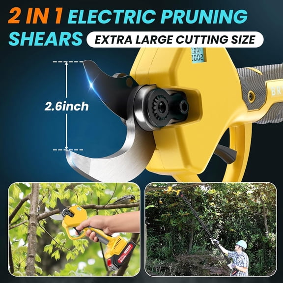Electric Pruning Shears Cordless 2.6 Inches & Electric Pole Pruner 2-IN-1 with 8ft Pole Reach To 14ft, 2 * 2Ah Battery Pruning Shears, Cordless Pole Pruner Garden Tool for Tree Trimming  Cutter