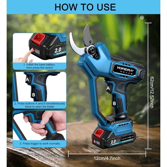 Electric Pruning Shears Heavy Duty Cordless with LED Display & SK5 Blade, 21V Brushless Motor Garden Tool for Tree  Cutting up to 1.7 Inch