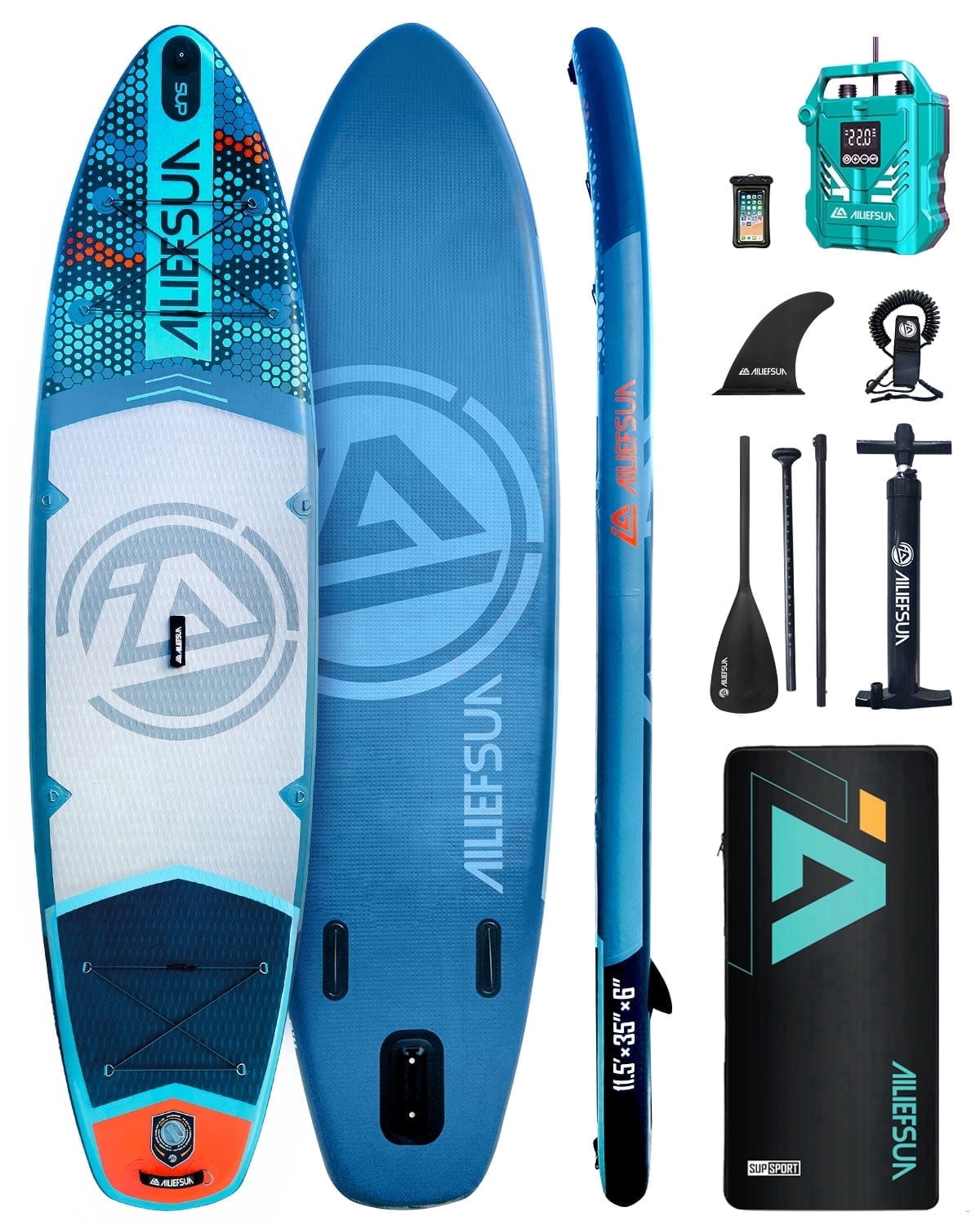 Electric Pump Azure Mist  11'6"*35"*6" Ailiefsun Stand Up Paddle Board Inflatable Stable Sup Board with Fishing Paddleboards Accessories for Adults Youth Wide Non-Slip Deck Surfboard