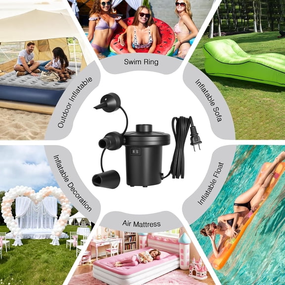 Electric Pump, Portable Air Pumps for Inflatables with 3 Nozzles, Fast Pump-Up & Release, Air Mattress Pumps for Outdoor Camping, Inflatable Air Mattress Beds, Swimming Ring, 120V AC, Black