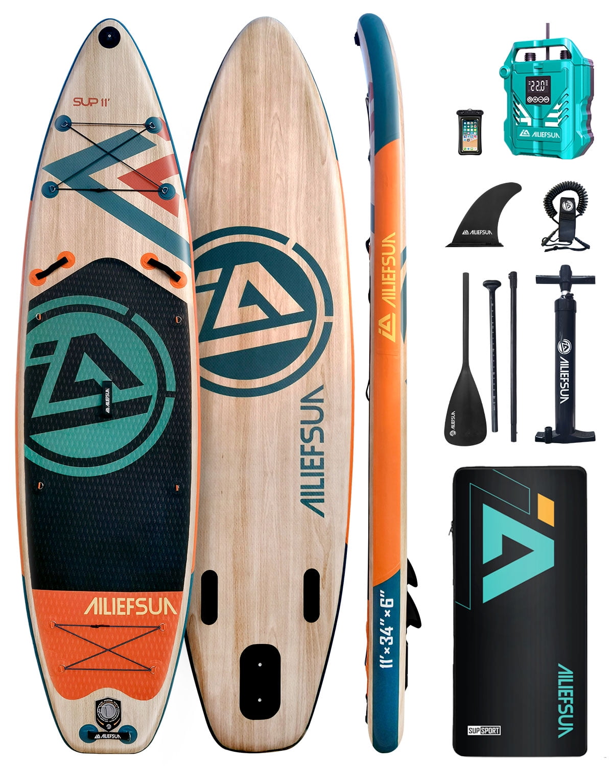 Electric Pump Wood Grain, 11'*34”*6“Ailiefsun Stand Up Paddle Board Inflatable Stable Sup Board with Fishing Paddleboards Accessories for Adults Youth Wide Non-Slip Deck Surfboard