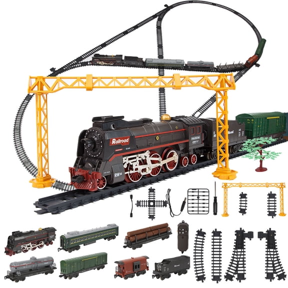 Electric RC Christmas Steam Train Set – Model 62904B Remote-Control Locomotive with Steam, Lights & Sounds Effects, Carriage and Long Track, Holiday Gift for Adults