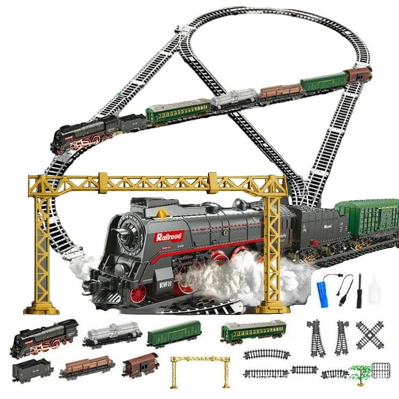 Electric RC Christmas Steam Train Set Model with Carriage and Long Track, Steam, Lights & Realistic Sounds Effects, Holiday Gift for Adults (Remote Control Version)
