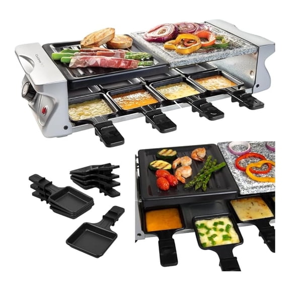 Electric Raclette Grill - 8 Person Cheese & BBQ Hot Plate - Smokeless Indoor Grill for Meat, Veggies - Nonstick Grilling Stone & Pans - Party Appetizer Cooker