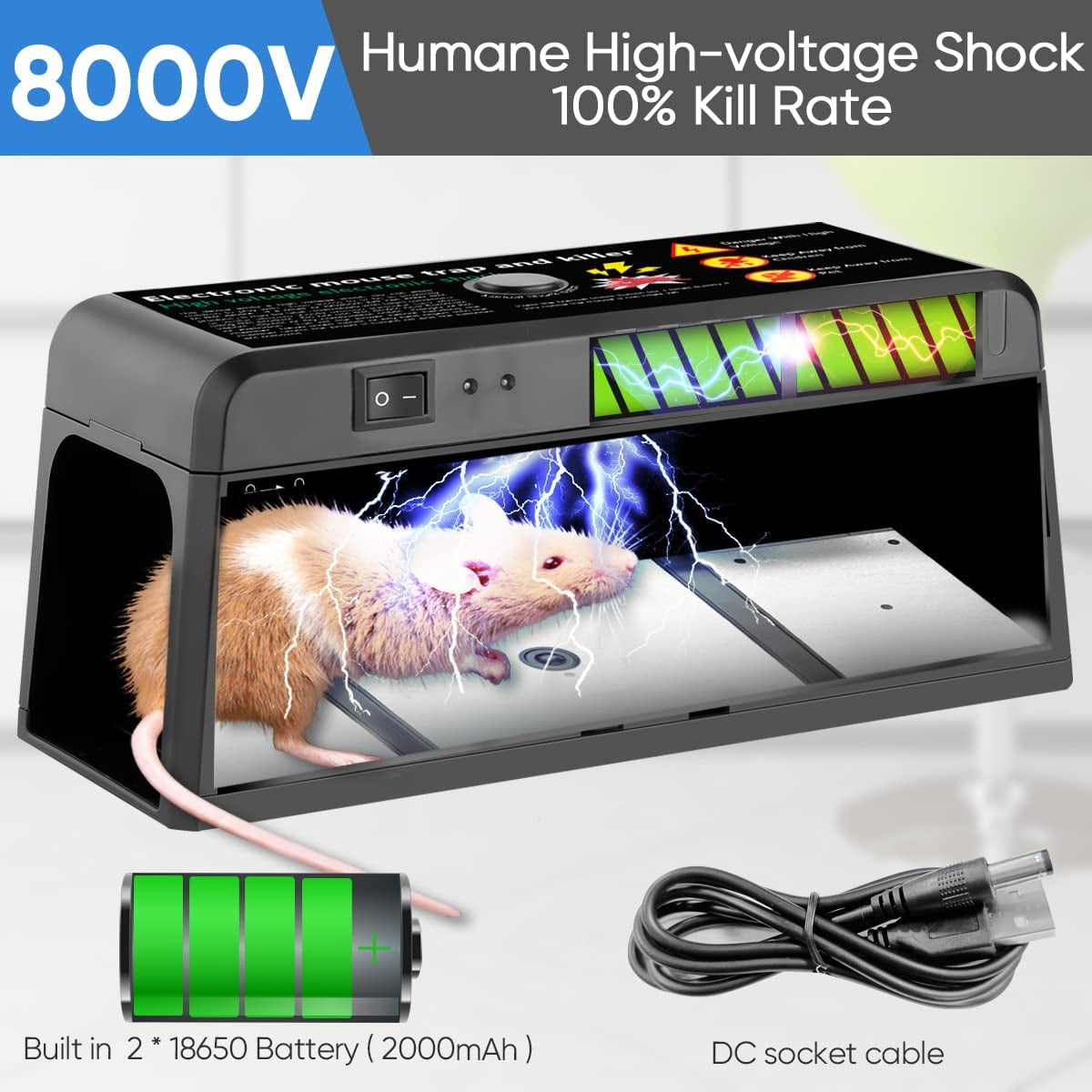 Electric Rat Trap with 8000V Humane Shock Chamber Mouse Killer Zapper for Homes Outdoor Indoor