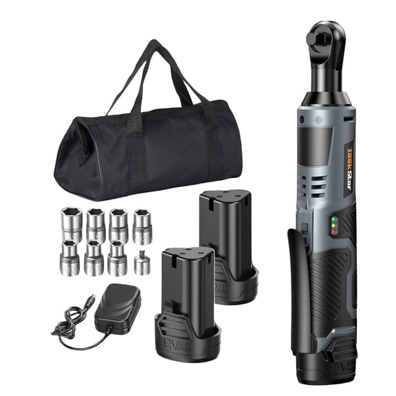 TaskStar Electric Ratchet Wrench 3/8 inch 40 Nm Power Cordless Ratchet Wrench Set, 200RPM with Variable Speed Trigger, 12V 2 x 2.0 Ah Batteries & Fast Charger, 1/4" Adapter & 7 Sockets