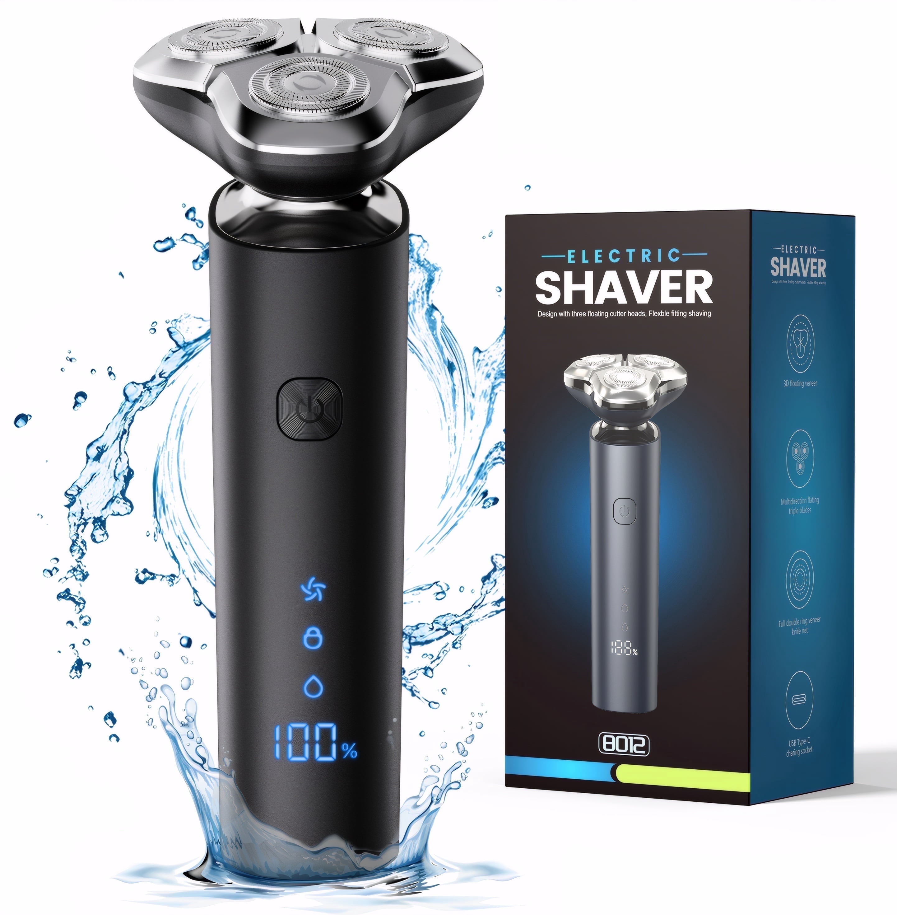Electric Razor for Men, Men's Electric Shaver, 3-Blade Rotary Shaving System, Waterproof Wet Dry Cordless Razor, Touch Switch, Type-C Fast Charging, Digital Dis
