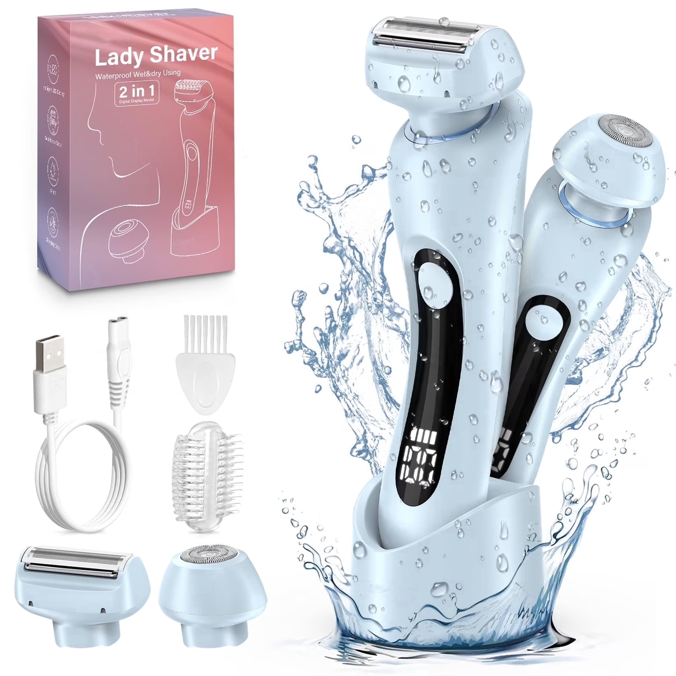 Electric Razor for Women, 2 in 1 Wet & Dry Painless Removal Shaver with Detachable Head, Base and LED Display, IPX7 Waterproof Long Battery Life Hair Removal for Underarm ArmBikini Legs Face (Blue)
