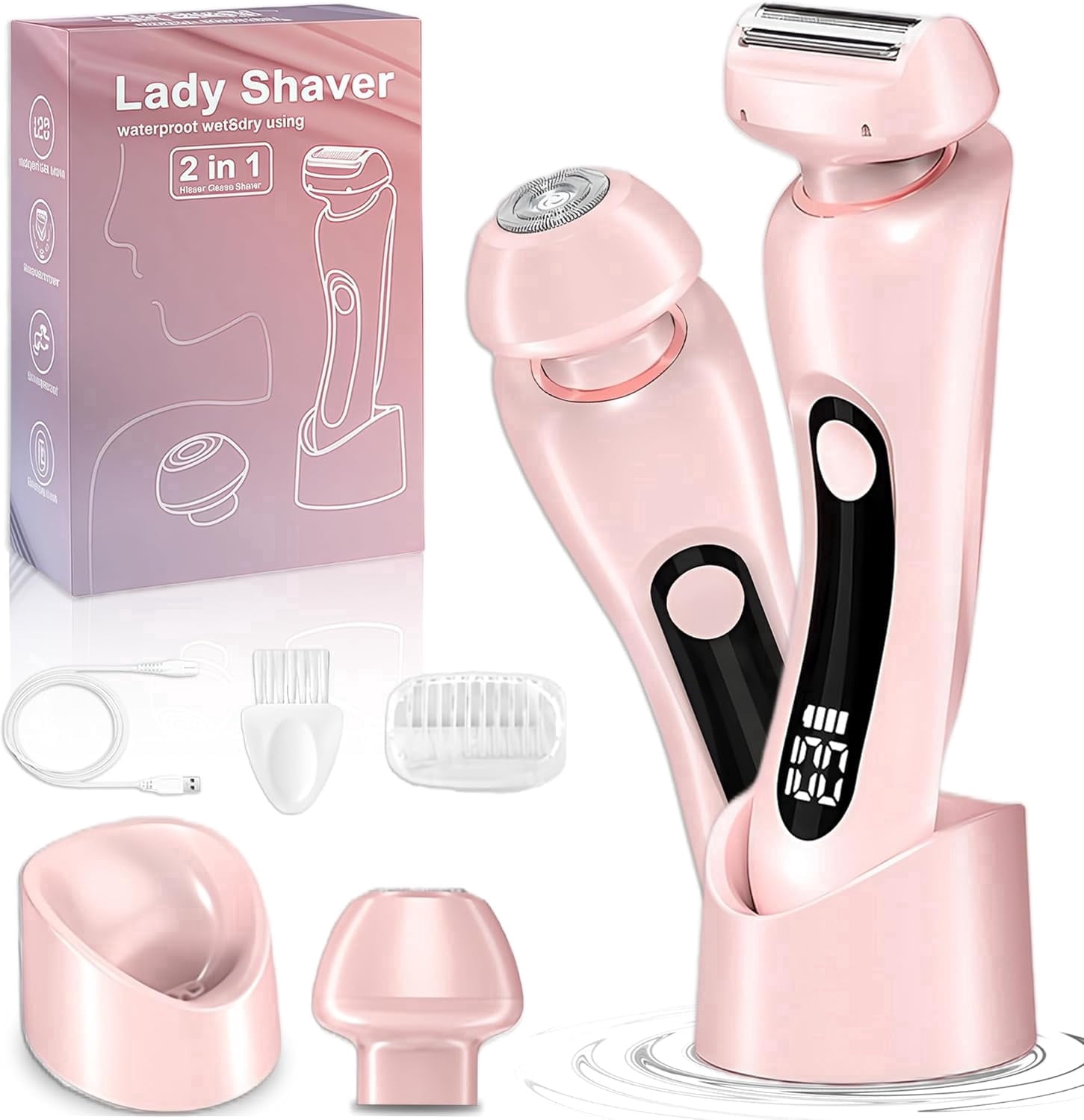 Electric Razor for Women, 2 in 1 Wet & Dry Painless Removal Shaver with Detachable Head, Base and LED Display, IPX7 Waterproof Long Battery Life Hair Removal for Underarm ArmBikini Legs Face (Pink)