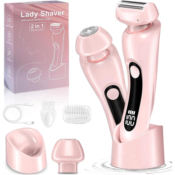 Electric Razor for Women, 2 in 1 Wet & Dry Painless Removal Shaver with Detachable Head, Base and LED Display, IPX7 Waterproof Long Battery Life Hair Removal for Underarm ArmBikini Legs Face (Pink)