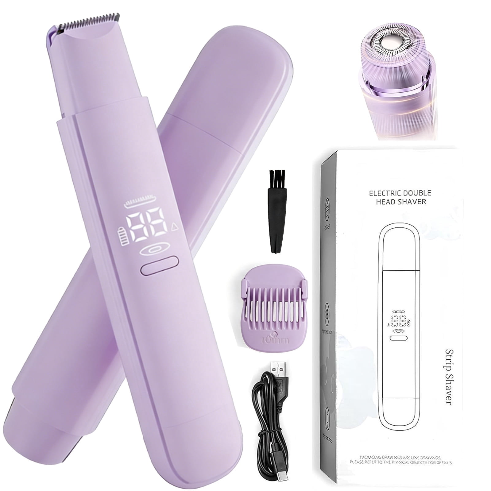 Electric Razor for Women, 2-in-1 Women Shaver Wet & Dry Painless Hair Removal Razor with Detachable Head Display, Waterproof Rechargeable Hair Removal for Bikini Legs Face Underarm Arm(Purple)