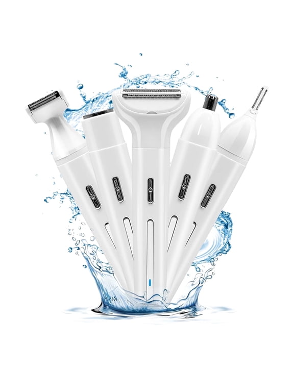 Electric Razor for Women: 5 in 1 Hair Trimmer for Face Nose Eyebrow Beard Mustache Arm Leg Armpit Bikini - Waterproof Facial Hair Removal for Women, White
