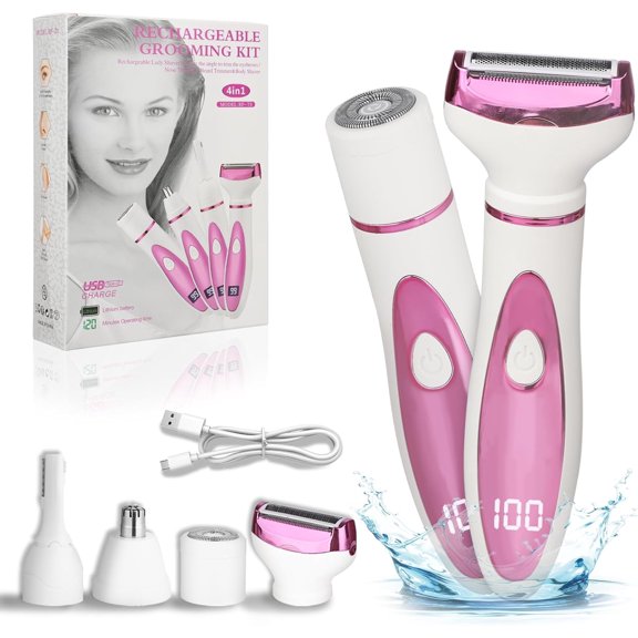Kroaya 4-in-1 Womens Electric Shaver - Rechargeable Painless Hair Remover for Face, Body, Bikini & Legs, Wet/Dry Use with LED Display