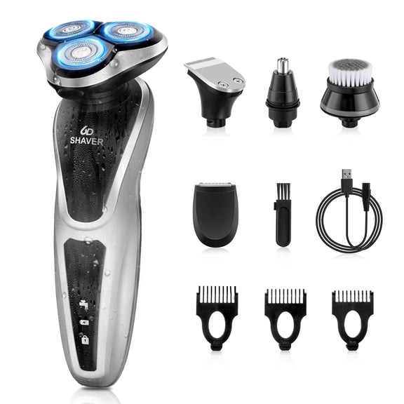 Electric Razor for Men, Suerbeaty 5 in 1 Rechargeable 100% Waterproof Rotary for Shaver with Nose Hair Trimmer, Beard Trimmer, Face Cleaning Brush