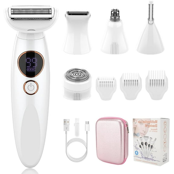 TiokMc 5-in-1 Electric Razor for Women, Rechargeable USB Painless Hair Remover for Face, Body, Bikini, Nose & Eyebrows, Wet/Dry Use with LED Display, Portable Trimmer Set