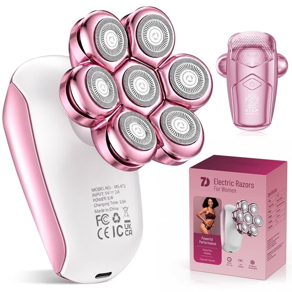 Nogroa Electric Razor for Women Legs, 7D Rechargeable Cordless Body Head Shaver, IPX6 Waterproof Wet/Dry Bikini Trimmer Hair Epilator, Trimmer for Lady Face Underarms Pubic, Pink