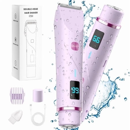 Bikini Trimmer for Women, IPX7 Waterproof Dual Head Bikini Trimmer LED Screen, Painless Shaver for Bikini Underarm Leg Arm Body Face（Purple）