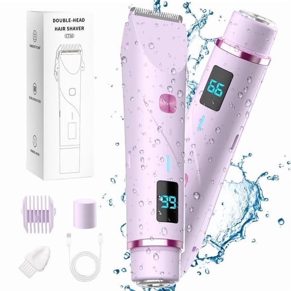 Bikini Trimmer for Women, IPX7 Waterproof Dual Head Bikini Trimmer LED Screen, Painless  Shaver for Bikini Underarm Leg Arm Body Face（Purple）