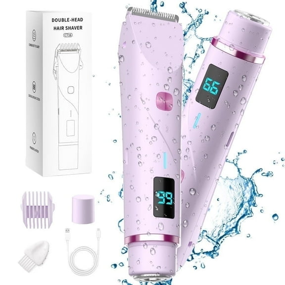 Bikini Trimmer for Women, IPX7 Waterproof Dual Head Bikini Trimmer LED Screen, Painless  Shaver for Bikini Underarm Leg Arm Body Face（Purple）