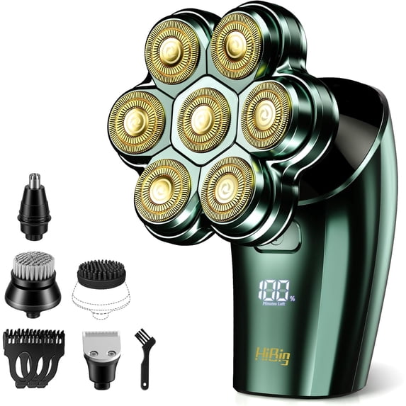 5-in-1 Women's Electric Razor, 7D Floating Head IPX7 Waterproof Wet Dry Body Shaver, Rechargeable Lady Hair Remover with LED Display for Face Legs Bikini, Retro Green