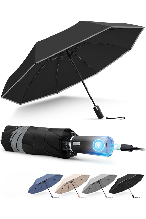 Electric Rechargeable Auto Open Close Folding Umbrella, Windproof Inverted Compact Travel Umbrella with 360 °   Reflective Stripe, Waterproof Portable Rain Sun Umbrella for Daily Outdoor