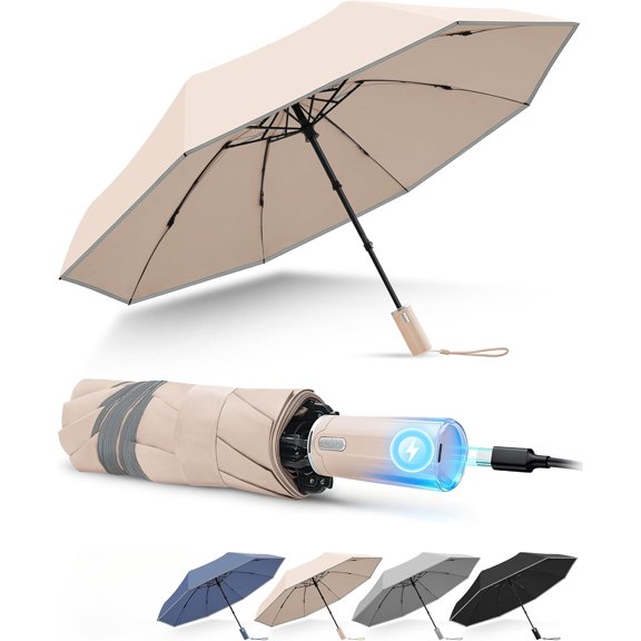 Electric Rechargeable Auto Open Close Folding Umbrella, Windproof Inverted Compact Travel Umbrella with 360 ° Reflective Stripe, Waterproof Portable Rain Sun Umbrella for Daily Outdoor