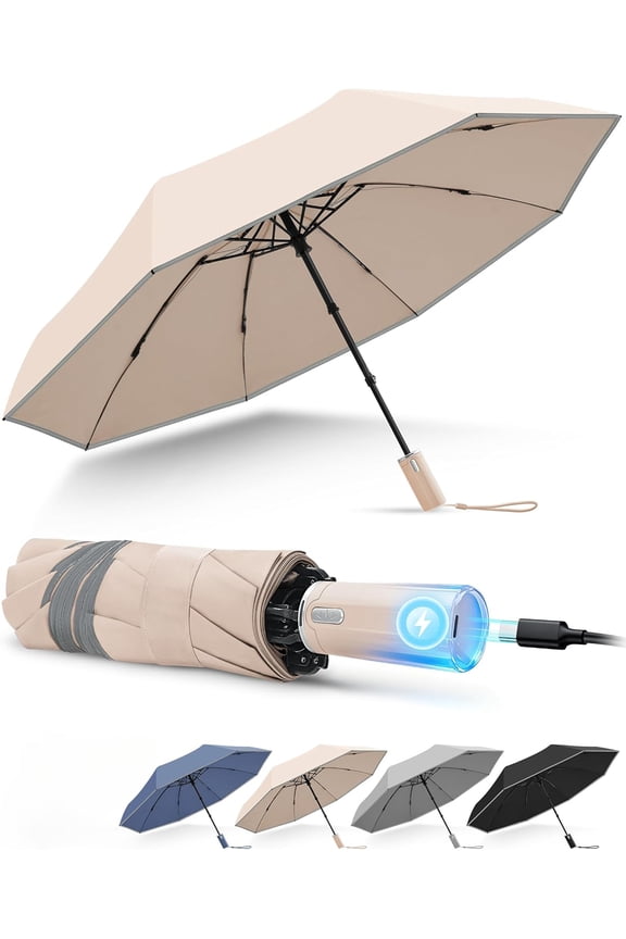 Electric Rechargeable Auto Open Close Folding Umbrella, Windproof Inverted Compact Travel Umbrella with 360 °   Reflective Stripe, Waterproof Portable Rain Sun Umbrella for Daily Outdoor