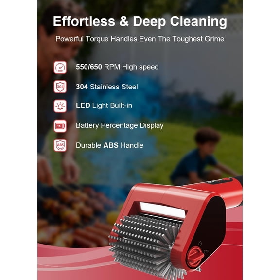 Electric Rechargeable Grill Brush, 650RPM Spinning Stainless Steel Roller BBQ Brush, Bristle-Free Grill Cleaner for Outdoor & 2 PCS Scouring Pads - Heavy Duty Cordless Electric Tool with LED Light