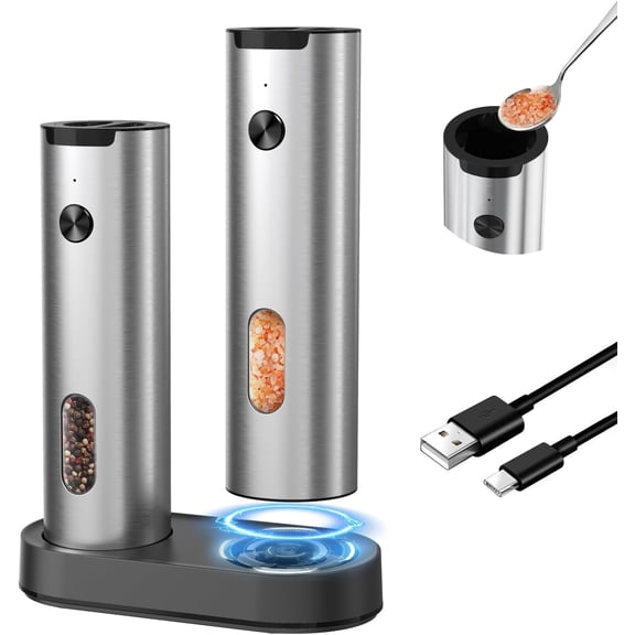 Electric Rechargeable Salt and Pepper Grinder Set Top-Refill Automatic Pepper Mill Grinder with Charging Base, Adjustable Coarseness, Easy Filling Larger Capacity with Led for Home Kitchen