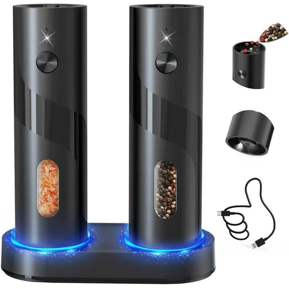 Electric Rechargeable Salt and Pepper Grinder Set Top-Refill Automatic Pepper Mill Grinder with Charging Base, Adjustable Coarseness, Easy Filling Larger Capacity with Led for Home Kitchen