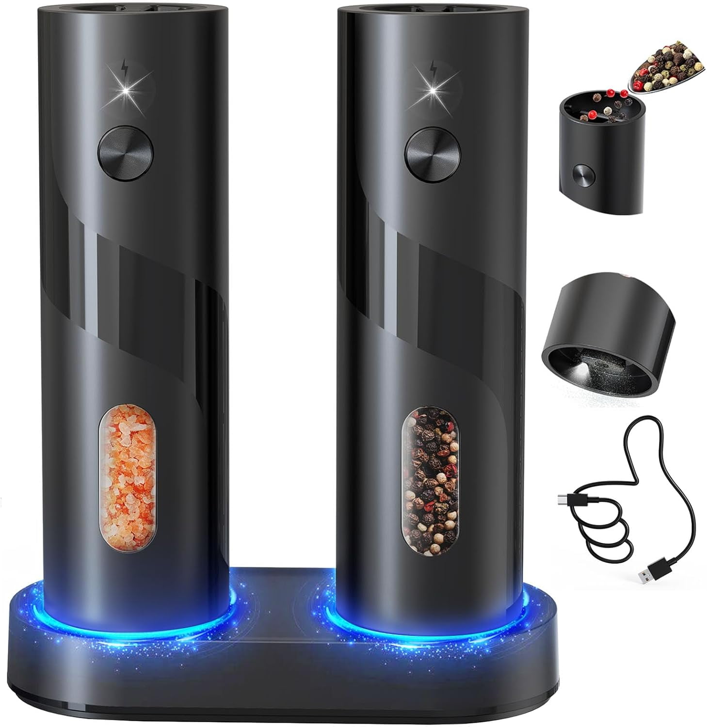 Rechargeable Electric Salt And Pepper Grinder Set - Top-Refill, Adjustable Coarseness, 110ml Capacity, With LED Light - View #5
