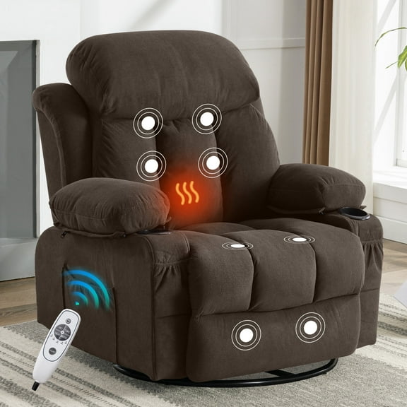 Swivel Rocker Recliner with Heat and Massage, Velvet Fabric 360° Swivel Rocker Recliner Chair with USB Charger & Cup Holders, Soft Padded Armrests for Living Room, Brown,330lbs