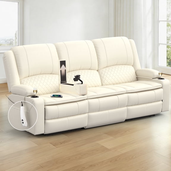Electric Recliner Sofa for Home Theater, 3 Seat Power Loveseat Recliner with Remote and RGB Light, Wall Hugger Design with Removable Armrest, PU White
