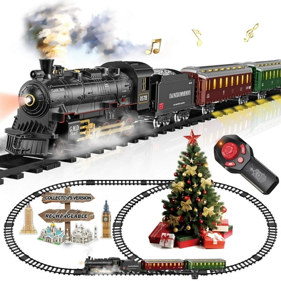UFULMN Electric Train Sets Remote Control for Kids Christmas Train Toys Steam Locomotive w/3 Smokes, Glowing Passenger Carriages for Boys Girls