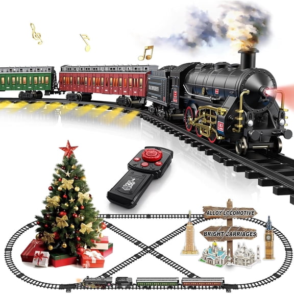 Electric Remote Control Train Set Metal Alloy Steam Locomotive with Glowing Passenger Carriages Smoke, Sound & Light Luxury Tracks Train Christmas Birthday Toy Gift for Boys Kids