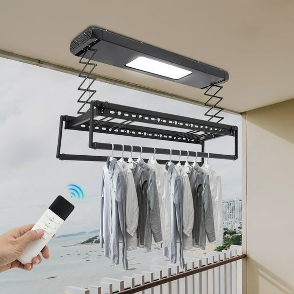 Electric Retractable Airing Rack 77.16lbs Capacity,43.3in Adjustable Height with LED Light, Carbon Steel-Aluminium Ceiling Mount for Balcony/Laundry Room