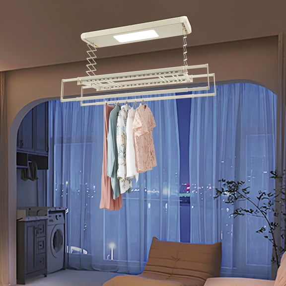 Electric Retractable Airing Rack 77 lbs Capacity Off-White Ceiling-Mounted Clothes Drying Rack for Balcony, Laundry Room, Hotel