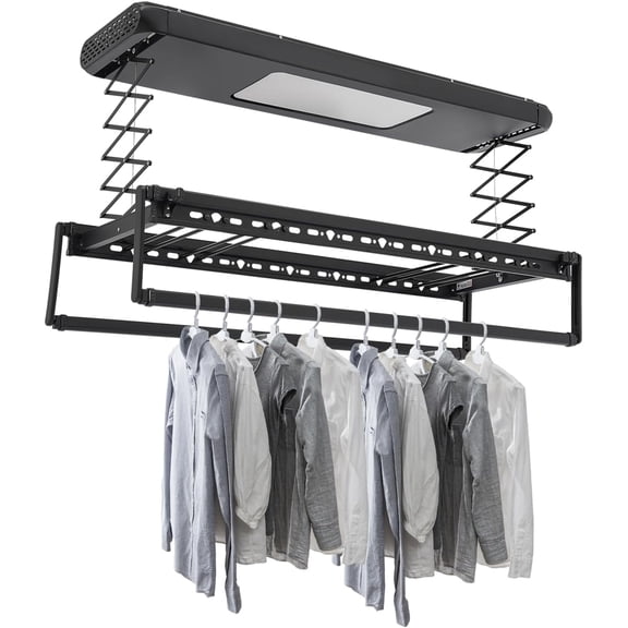 Electric Retractable Airing Rack Black, Ceiling Clothesline 77lbs Load, Ceiling Mounted Clothes Drying Rack 24W with Remote and Light for Laundry Balcony (Black)