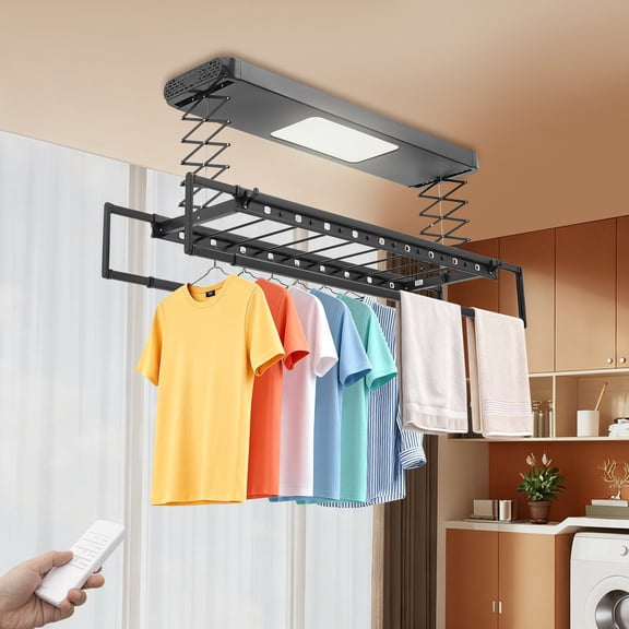 Electric Retractable Airing Rack with Remote Control  Adjustable Height, 77 lbs Load Capacity, Quiet PTC Heating, Foldable & Space-Saving for Laundry, Bathroom & Balcon